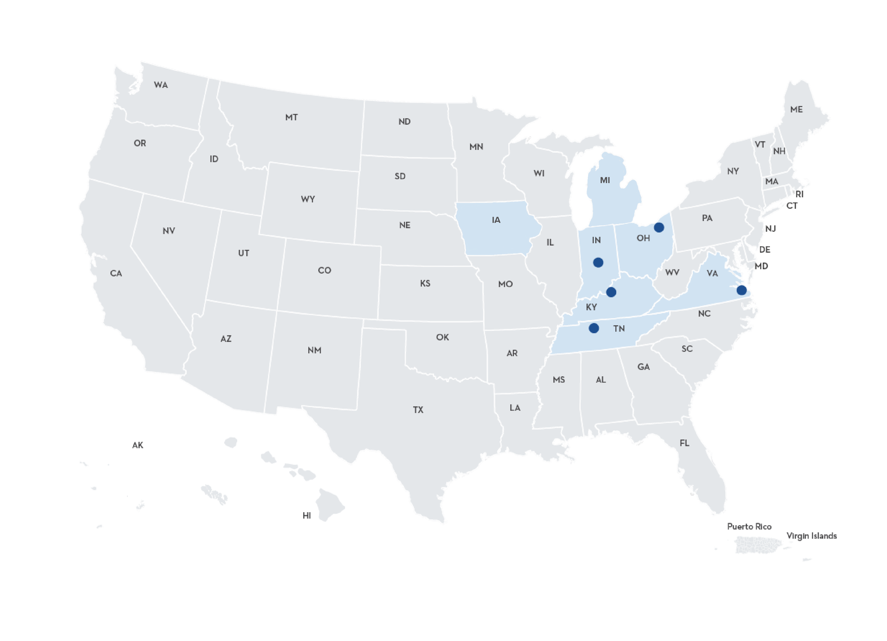 A map of the United States of America showing all of Abode Care Partner locations.