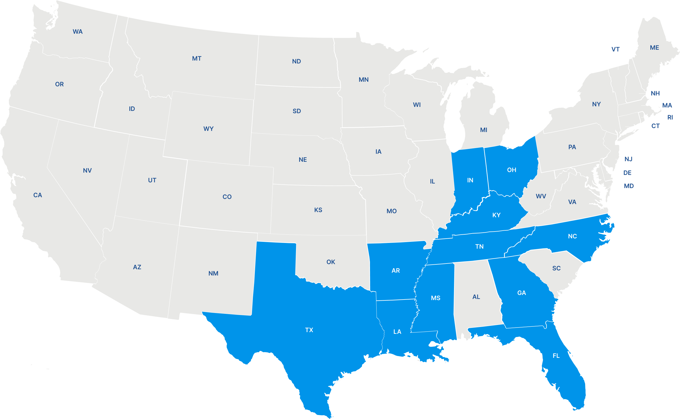 Map of states in which we currently have services